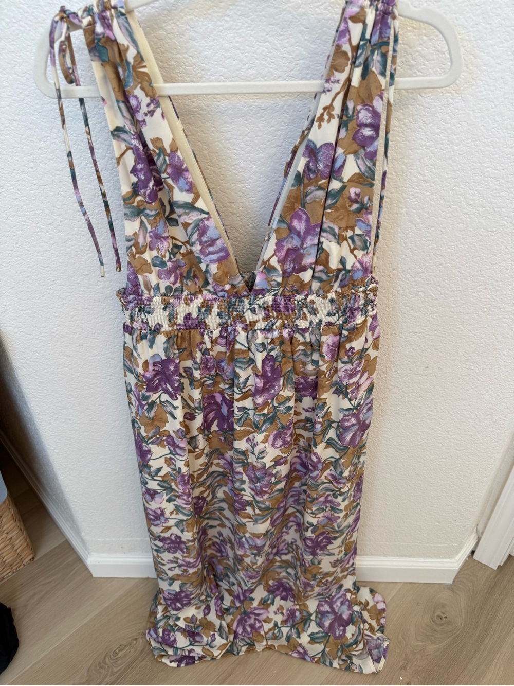 Lush Floral V-Neck Maxi Dress in Purple, Tan & Cream
